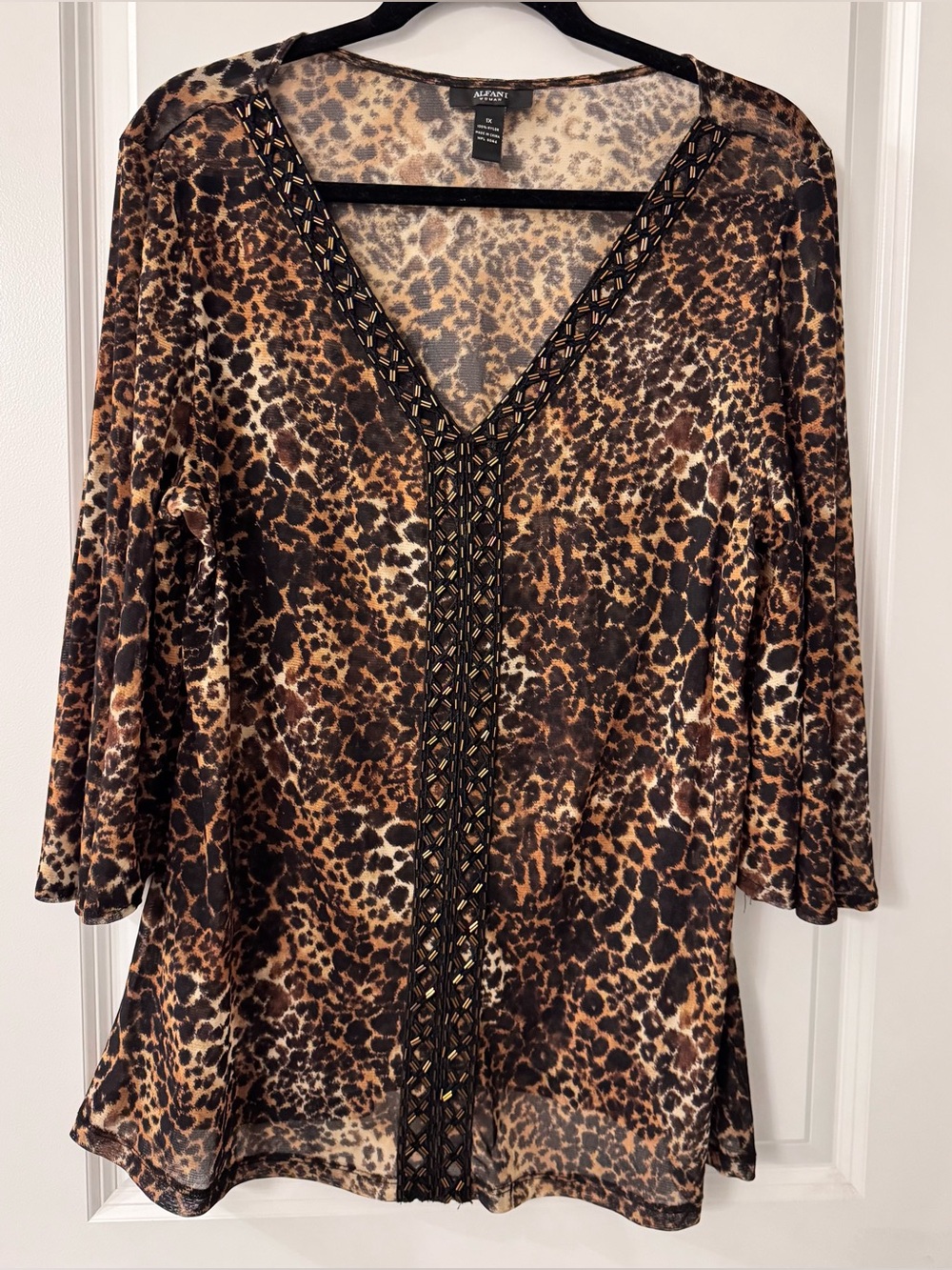 #x1355 Alfani Woman Black & Brown Leopard Animal Print Embellished Blouse
